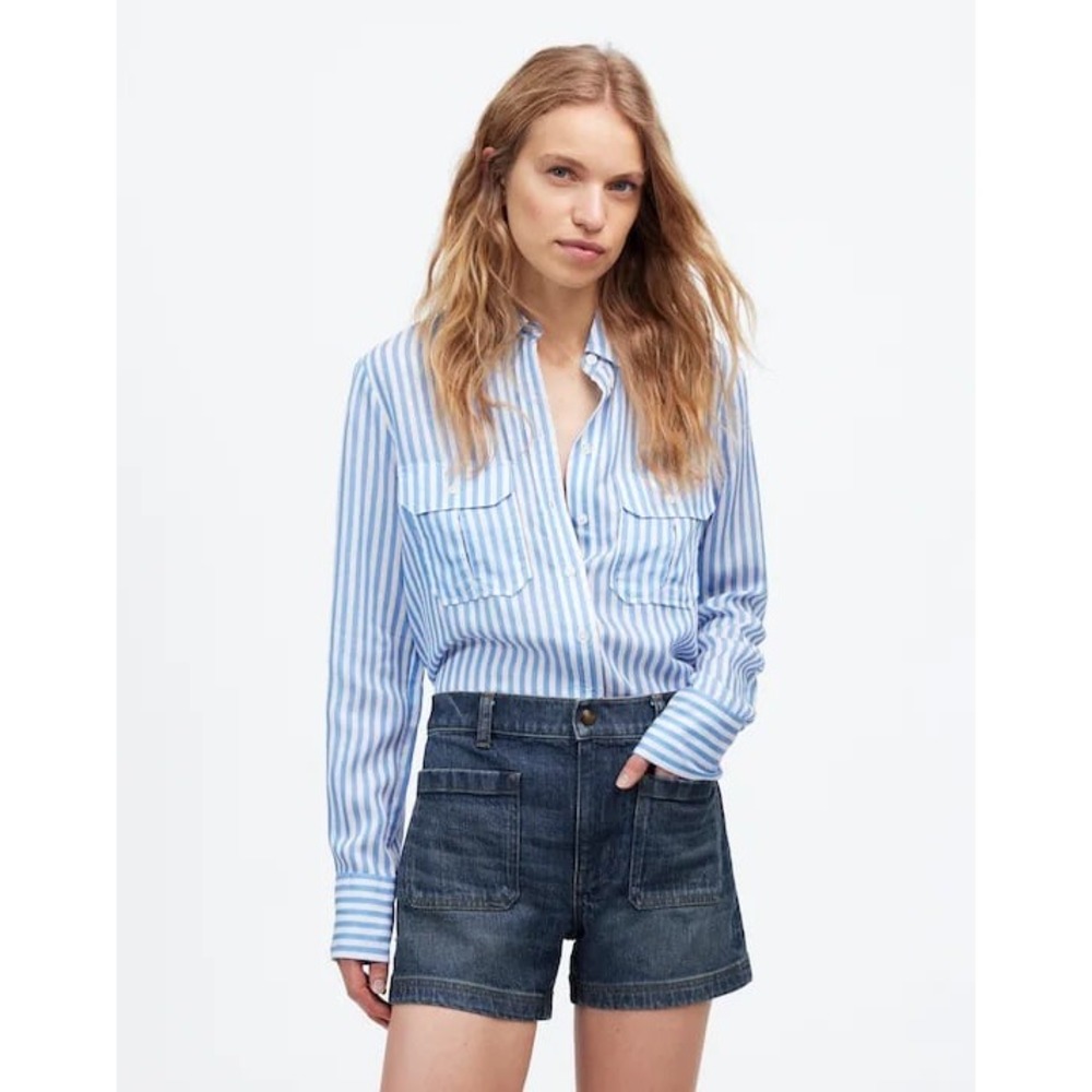 Madewell Emmett Denim Shorts Size 30 Dark Indigo High Rise Patch Pocket Stretch